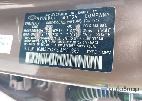 2017 Hyundai Tucson Se from USA, damaged, VIN KM8J23A43HU431367